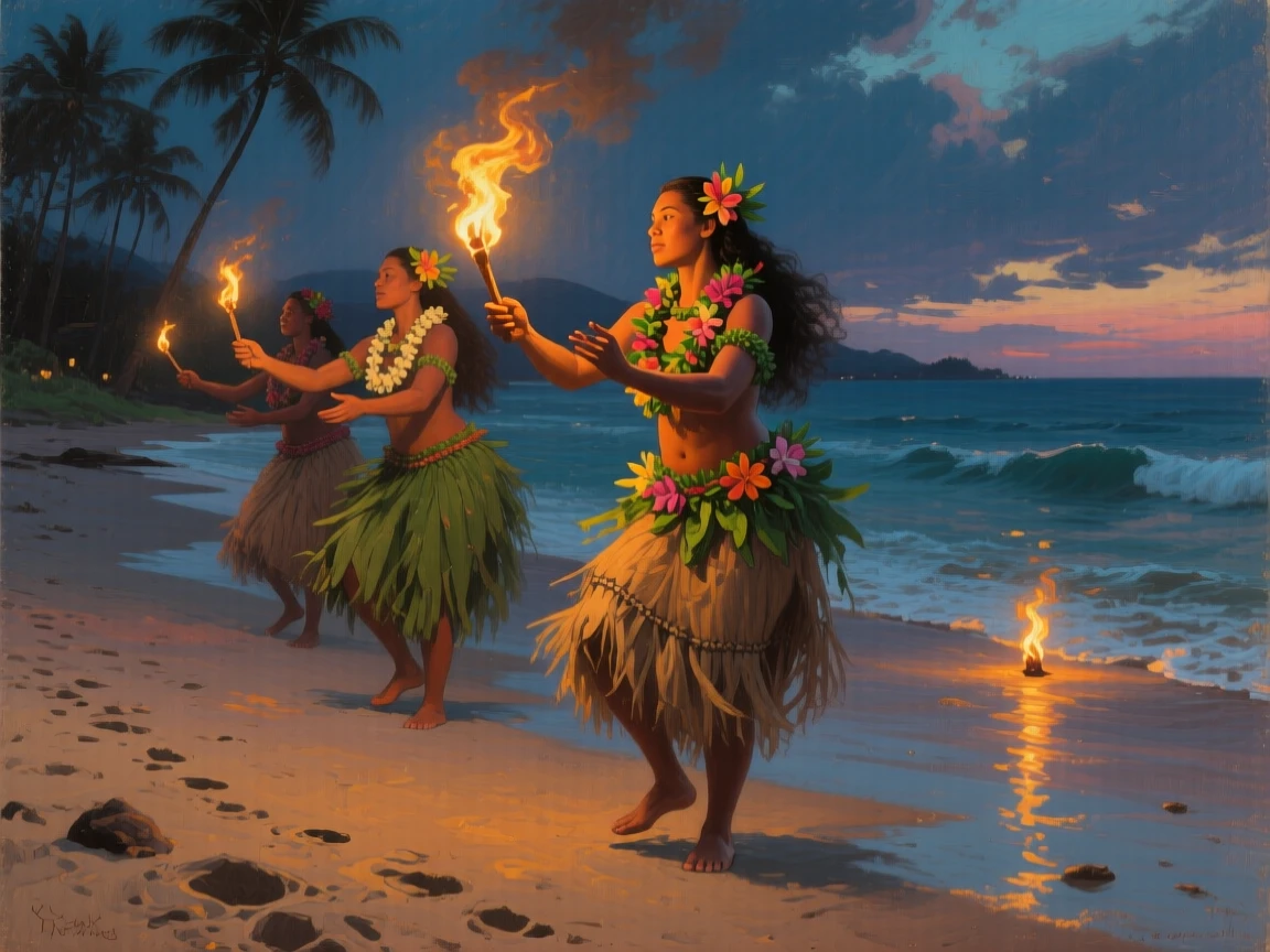 Native Hawaiian dancers performing hula on a torch-lit beach at dusk, as golden or dramatic lighting sets a timeless, cinematic mood, bringing a vivid, immersive moment of history to life