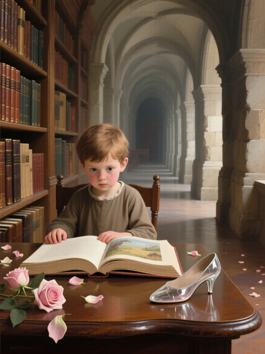 A young reader lost in an enormous illustrated storybook at the exact moment magic and reality intertwine, set within a cozy library filled with worn, beloved books, with scattered rose petals, an open storybook, and a forgotten glass slipper; receding archways create a sense of stepping into another world, evoking nostalgia, wonder, and the timeless magic of storytelling.