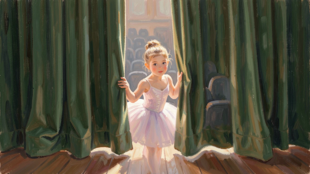 A young ballerina peeking through stage curtains before her first performance, in the gentle hush of early morning.