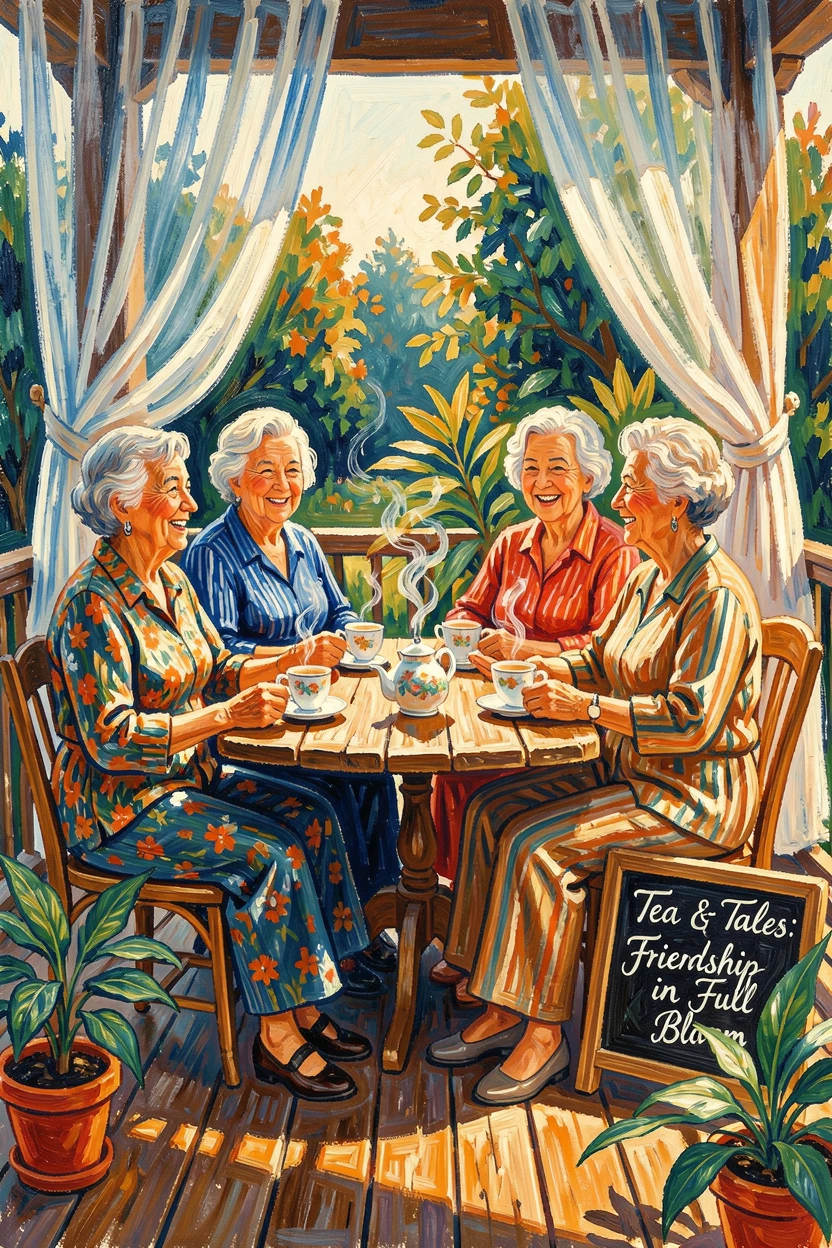 A group of elderly women sharing tea and stories on a sunlit veranda.