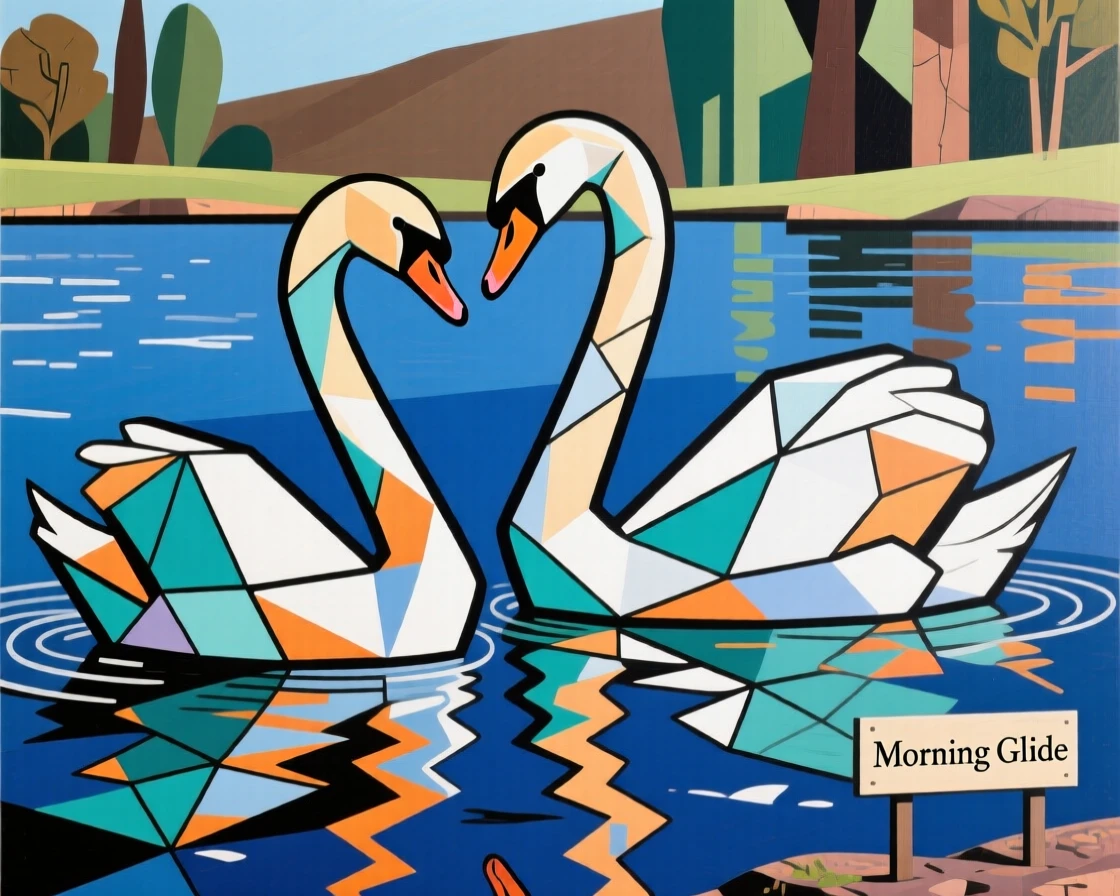 A pair of swans gliding gracefully across a still morning lake.
