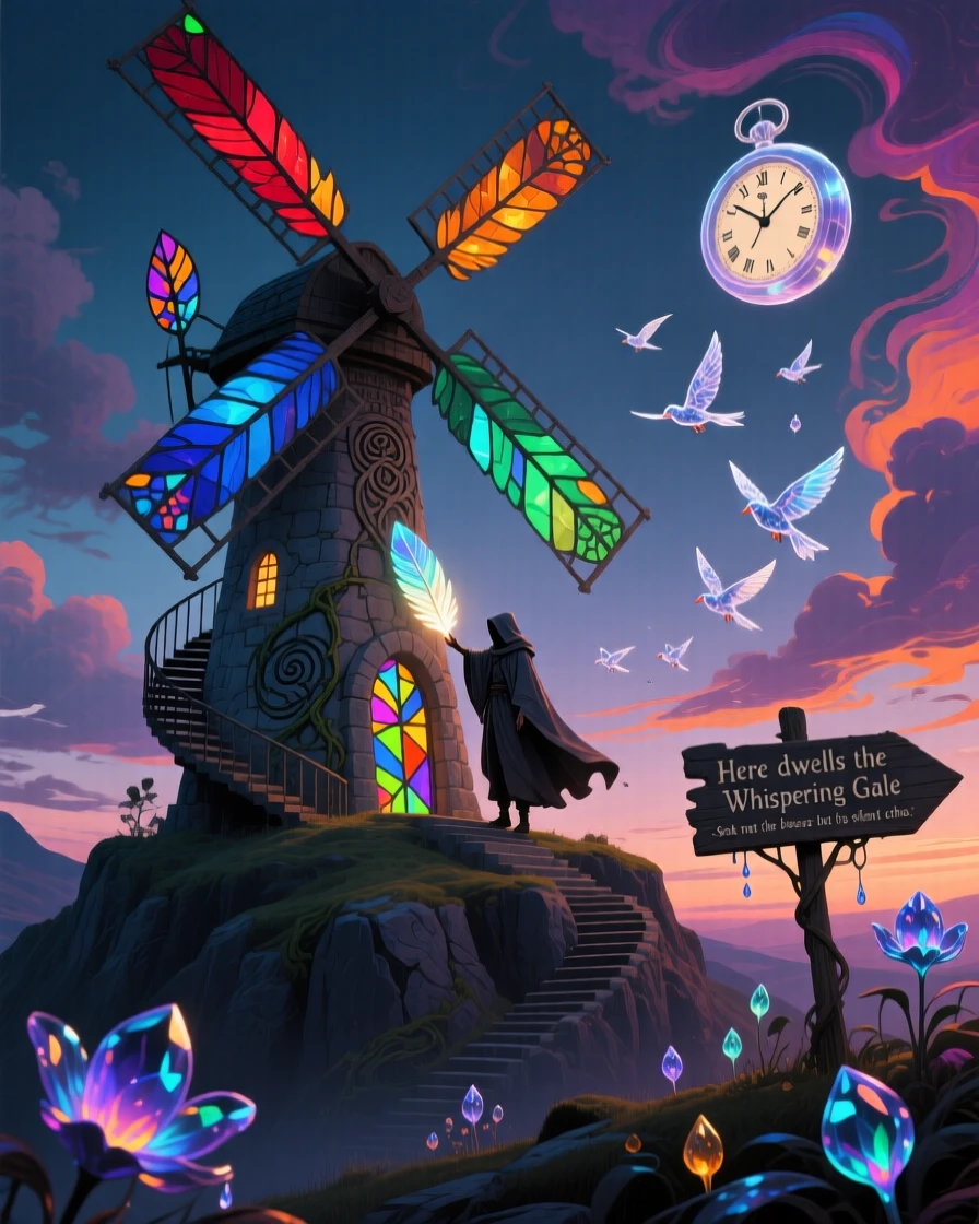 A windmill with sails made of stained glass feathers glows faintly from within as evening falls, as a lone traveler climbs toward its summit.