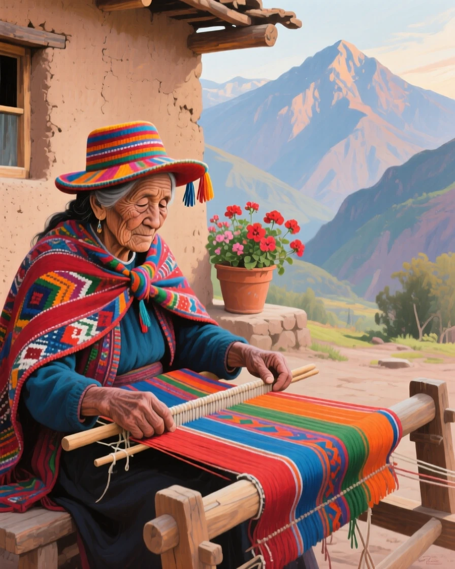 A wise elderly Peruvian weaver works a traditional loom outside her adobe home, vibrant threads stretched taut as mountains rise behind her, background elements kept softly out of focus to keep attention on the human moment.