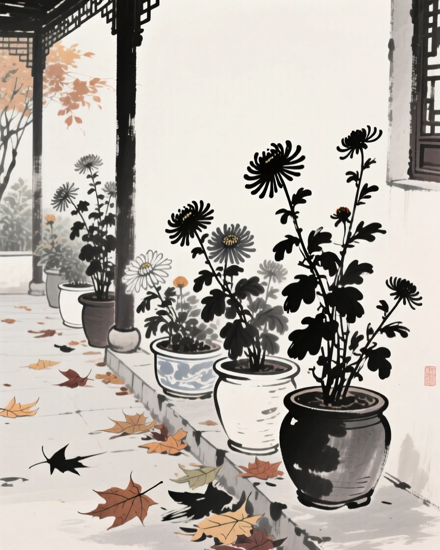 Chrysanthemums bloom in ceramic pots along a garden veranda, as autumn leaves scatter across the ground nearby.