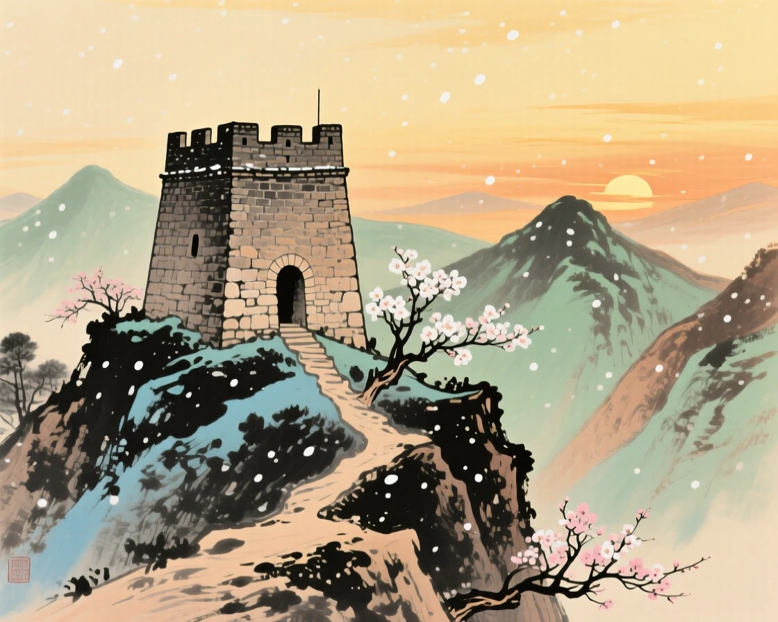 An old stone watchtower standing guard over a mountain pass, beneath softly falling snow, as spring blossoms unfold, in the last golden light of day.