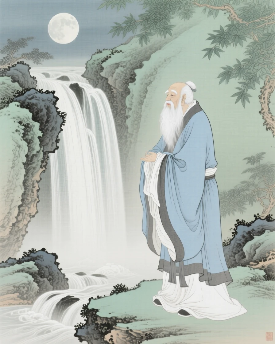 An immortal sage with a long white beard and flowing robes beside a waterfall glowing with moonlight