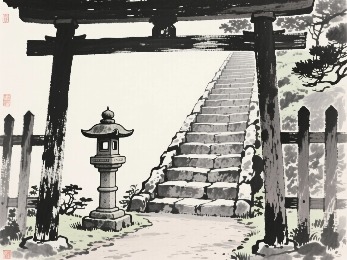 A stone lantern along a garden path at the top of a long stone staircase, framed through an archway or gate for depth, carrying a sense of sacred stillness.