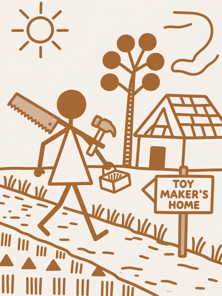 A toy maker carrying tools home after a long day.