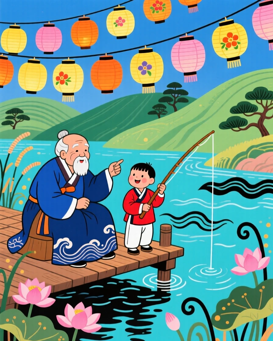 An old man teaching his grandson to fish, under strings of paper lanterns.