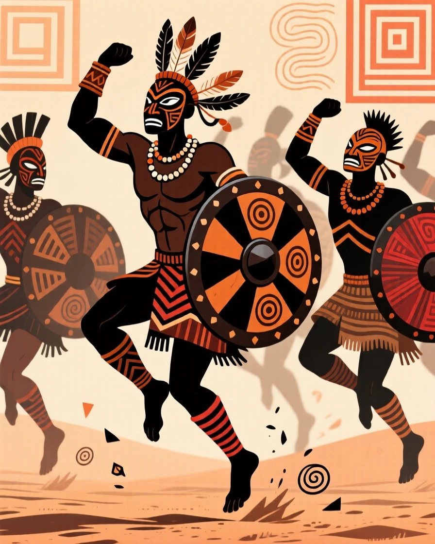 A group of warriors leaping in a traditional jumping dance.