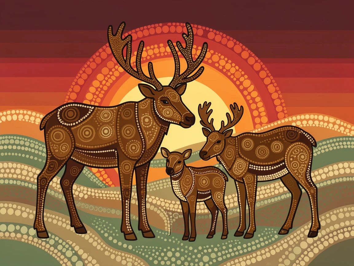 A caribou family gathered at sunset