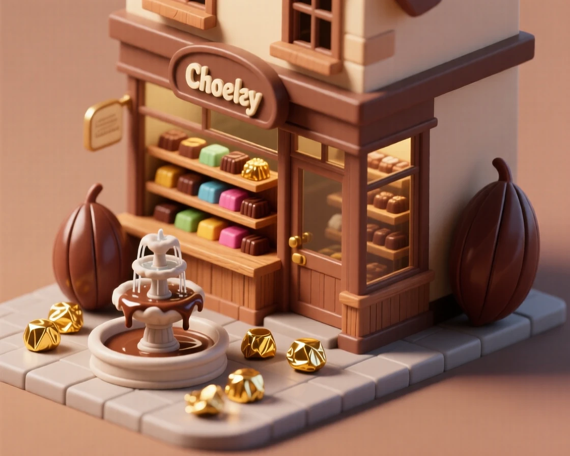 A quaint chocolate shop with truffles arranged in neat rows, a fountain of melted chocolate cascading, and gold foil wrappers glinting.