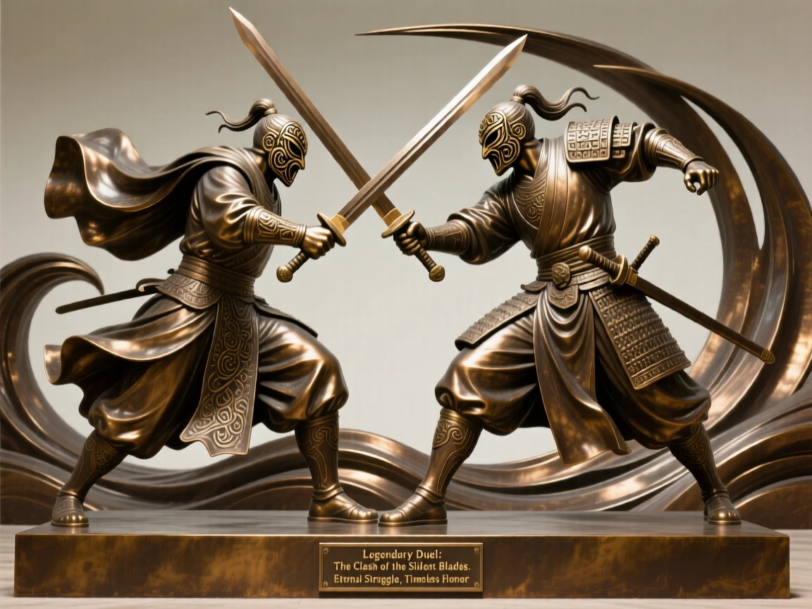 A legendary duel between two masked swordsmen, framed by sweeping, monumental scale, evoking legend and timeless drama
