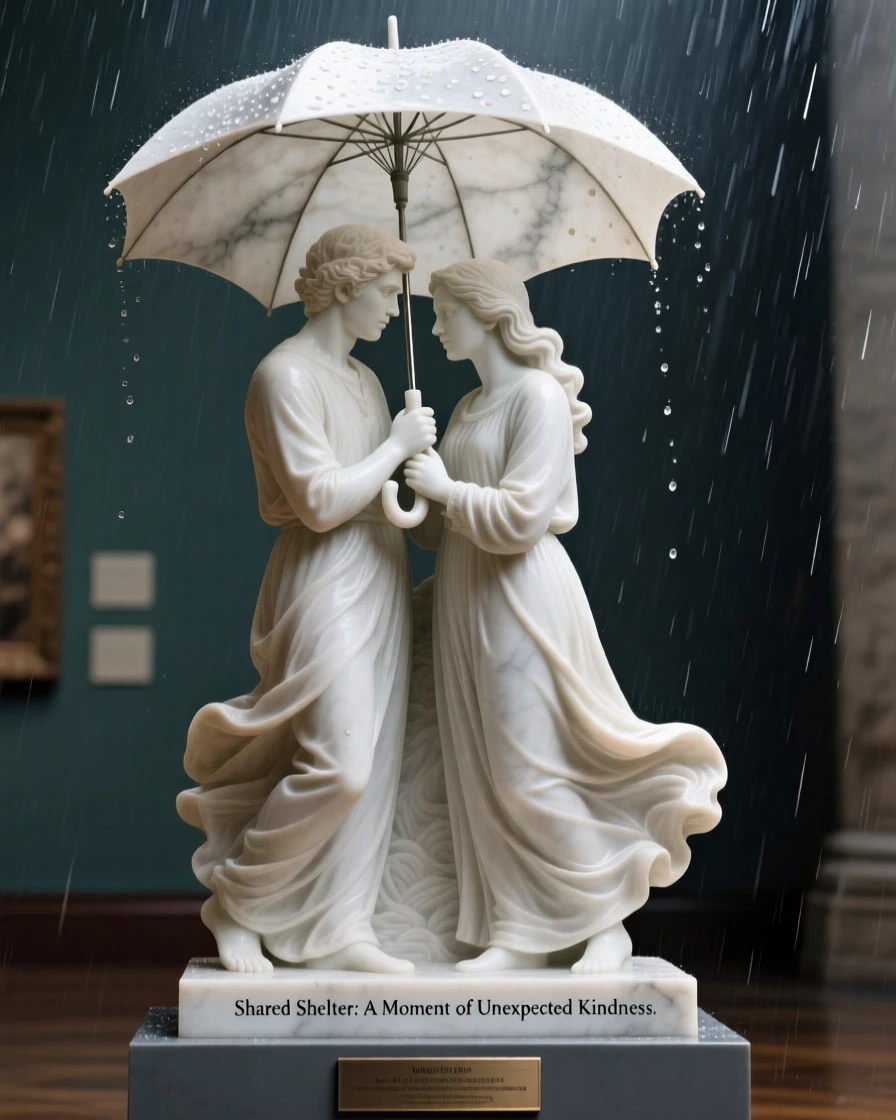 A heartfelt moment showing two strangers sharing an umbrella in a sudden storm, radiating love and genuine human emotion