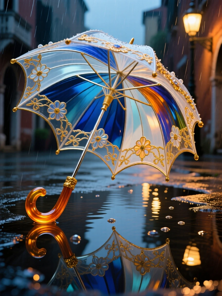 An ornate umbrella open in the rain beside a puddle reflecting streetlights, romantic and moody.