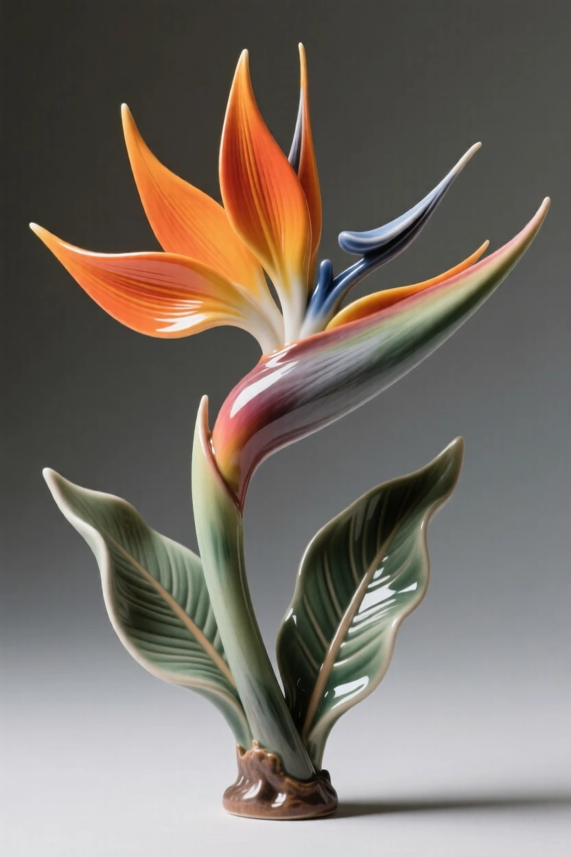 A bird of paradise flower in vivid bloom arranged as if freshly gathered, its stem gently arching under its own weight, capturing a fleeting, delicate moment in bloom.