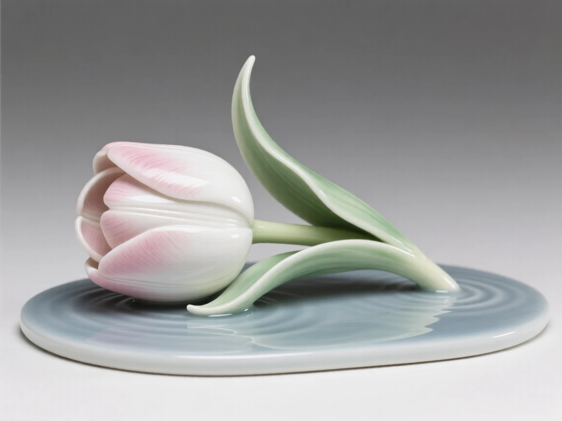 A single tulip floating on still water, every petal rendered in exquisite detail.