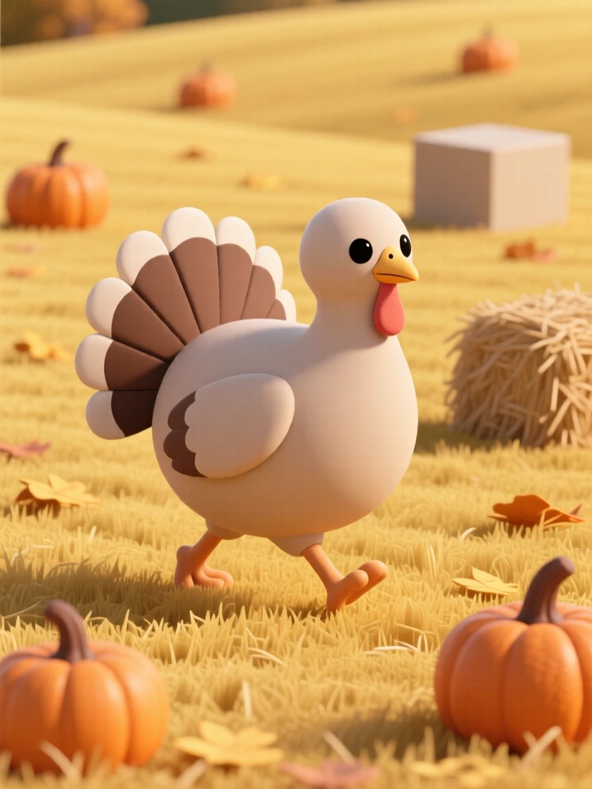 A festive turkey struts proudly across a golden autumn field scattered with fallen pumpkins and hay bales.