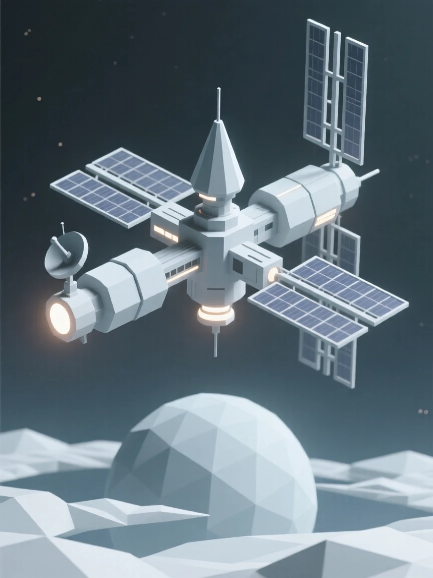 A futuristic space station orbiting a distant world, amid drifting clouds lit by moonlight. soft glowing light sources create a sense of depth and scale. The scene radiates a calm, meditative stillness.