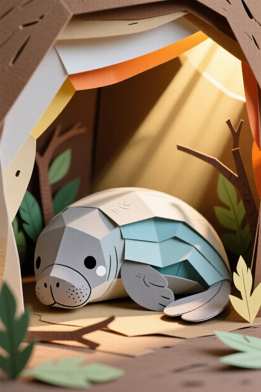 A gentle manatee curled up in a cozy den, with soft golden light catching its fur, capturing the wonder of the natural world.