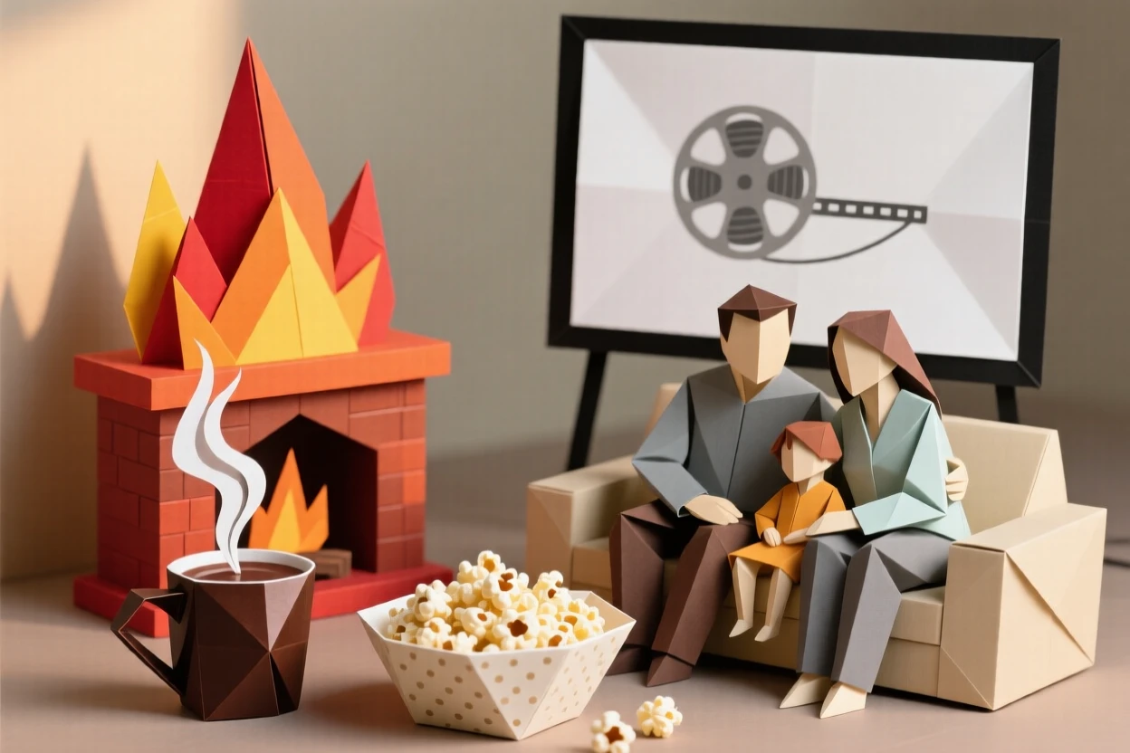 A cozy fireside scene with hot chocolate, popcorn, and a family curled up watching a movie.