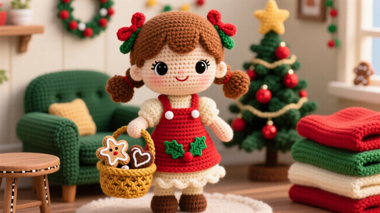 A festive scene of a little girl with a basket of freshly baked holiday cookies wearing a festive apron, delivering treats to neighbors within a cozy living room decorated for the holidays; a stack of warm blankets nearby, radiating bright cheerful energy of a special day.