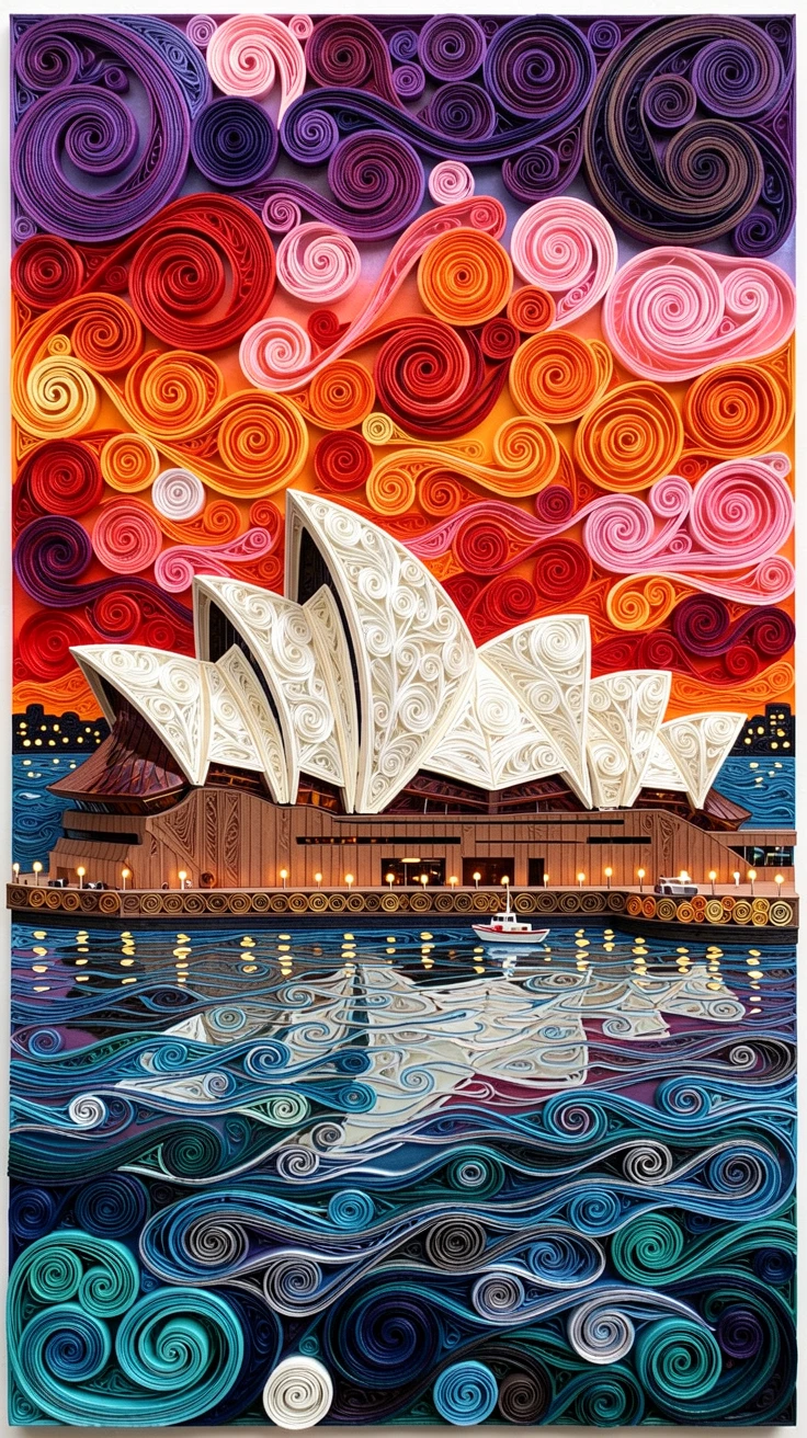 A breathtaking view of the Sydney Opera House against a vivid harbor sunset beside a calm reflective body of water, with twinkling lights beginning to glow at dusk, composed with the landmark as a striking central focal point.