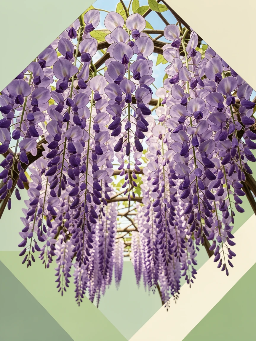 A close-up macro view of a wisteria tunnel with cascading purple blossoms overhead, showing intricate petal texture and delicate detail.