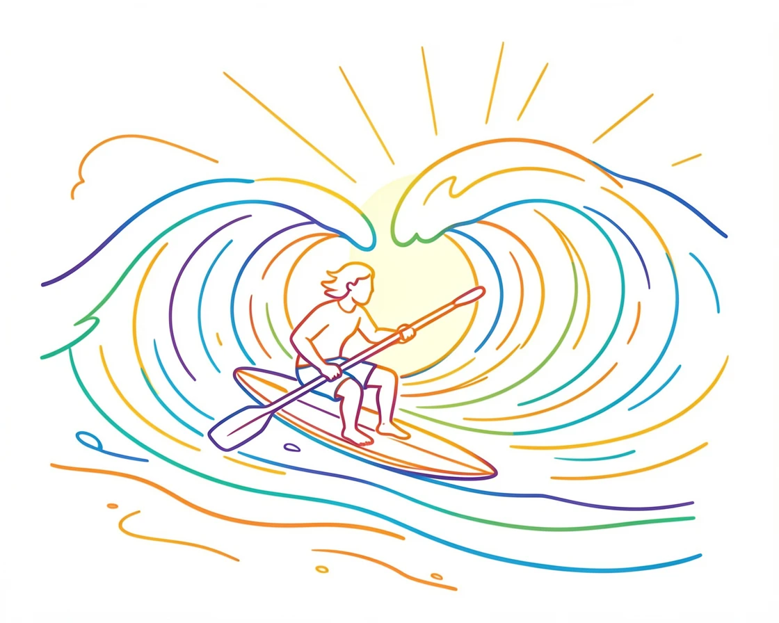 A surfer paddling out to catch a wave at a golden sunrise beach.