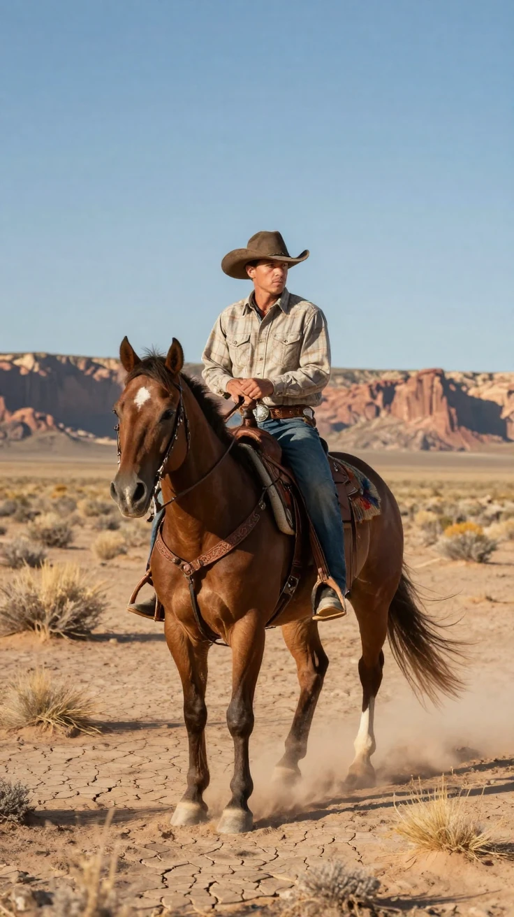 A Wild West cowboy riding across a dusty desert plain