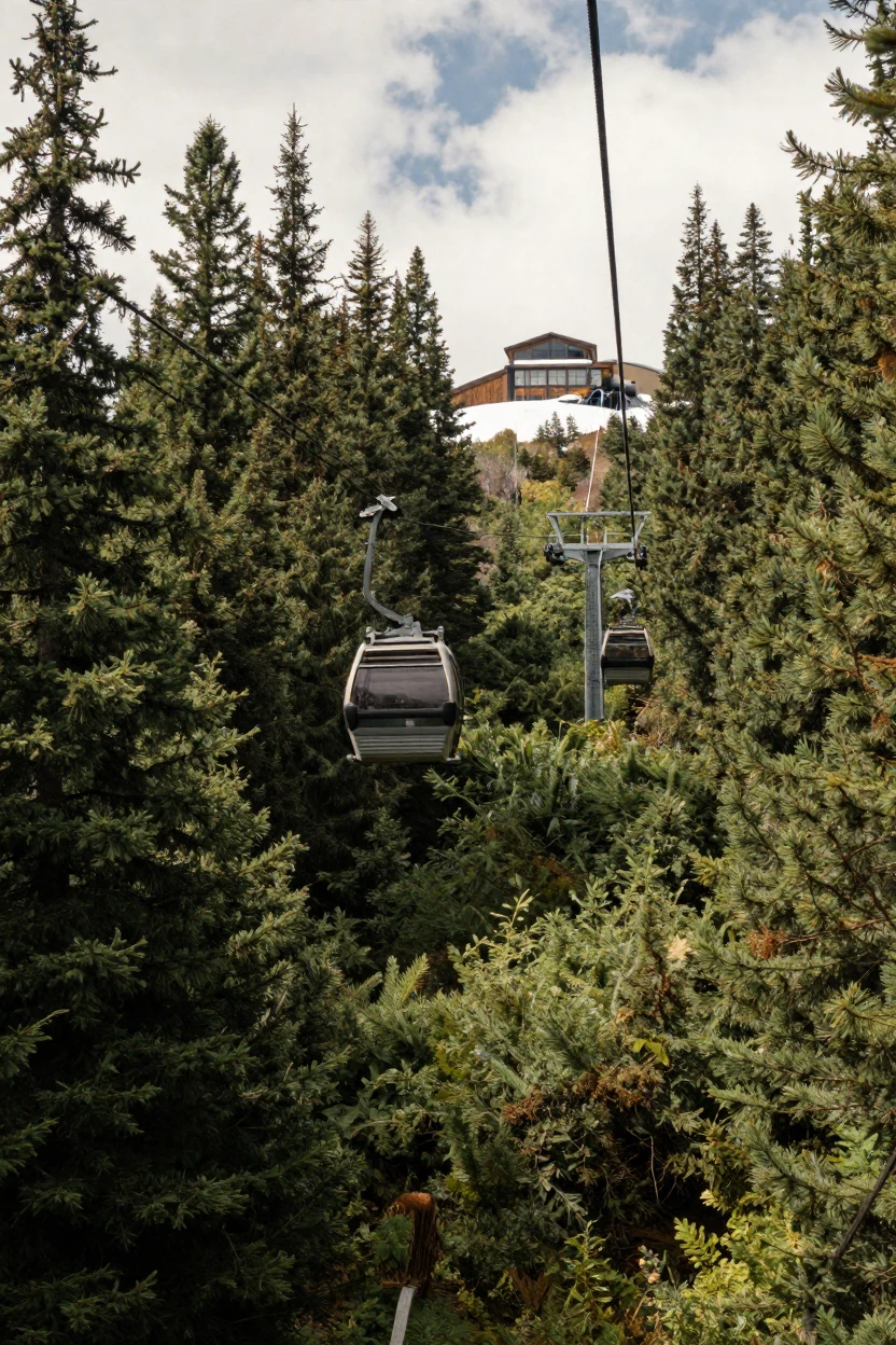 A cable car glides silently over a dense pine forest toward a snowy summit station.