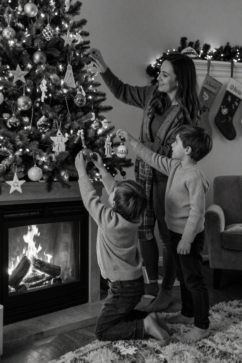 A family decorating a Christmas tree hangs ornaments and twinkling lights beside a crackling fireplace.
