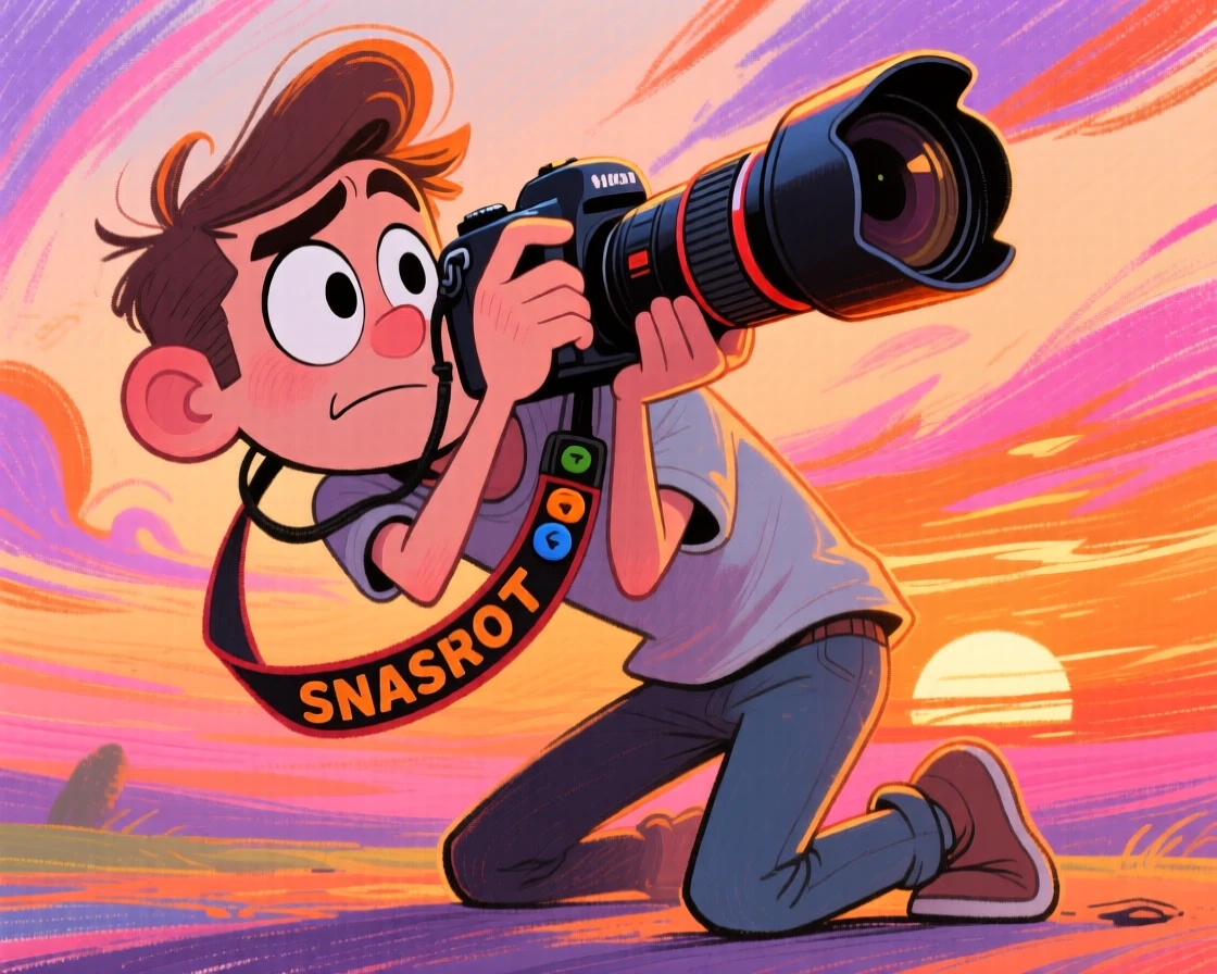 A photographer crouched low, camera raised, capturing the perfect sunset shot.