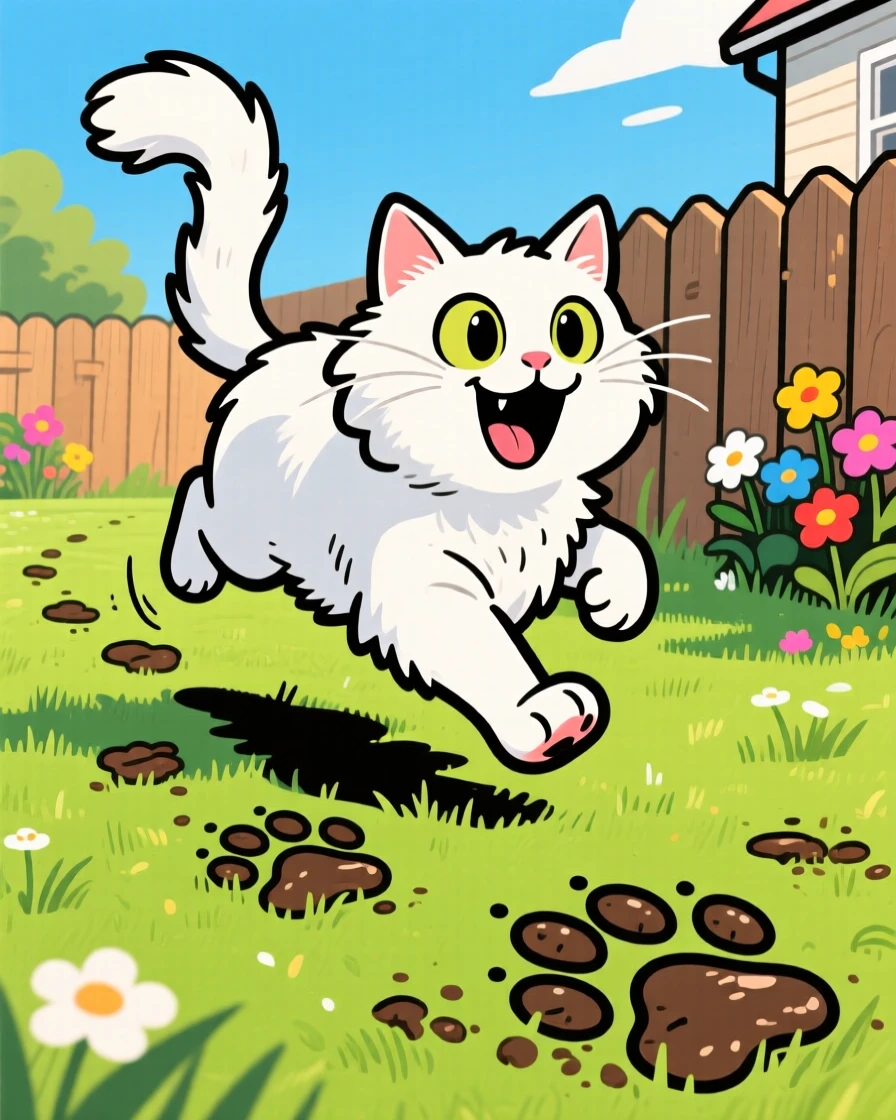 A playful pet moment featuring a regal white cat sprinting joyfully across a grassy backyard, with muddy paw prints trailing behind.