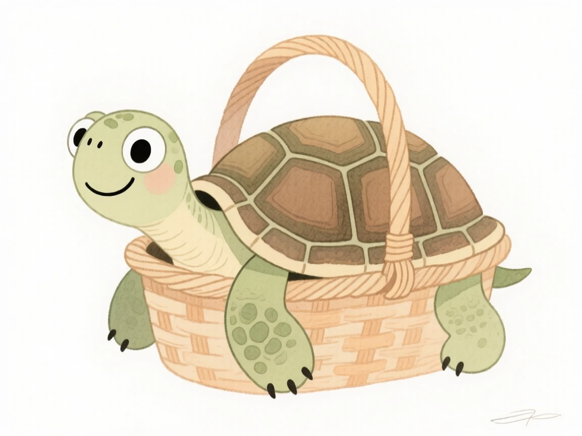 A turtle poking its nose out of a picnic basket