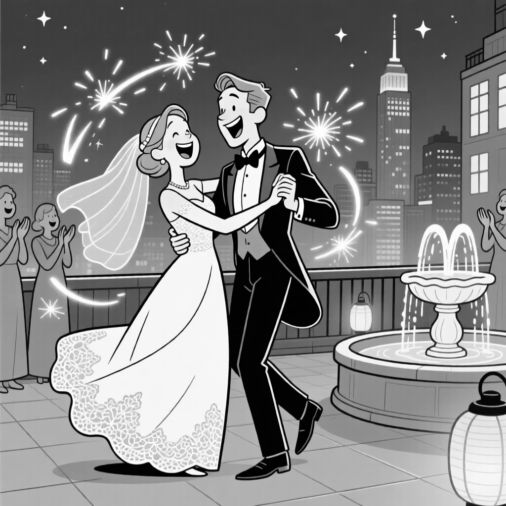 A joyful bride and groom mid-laugh during their first dance, giggling as sparks fly in bright arcs, set on a rooftop overlooking a city skyline at night. Soft lantern light reflects off a nearby fountain. The scene overflows with communal joy and tradition.