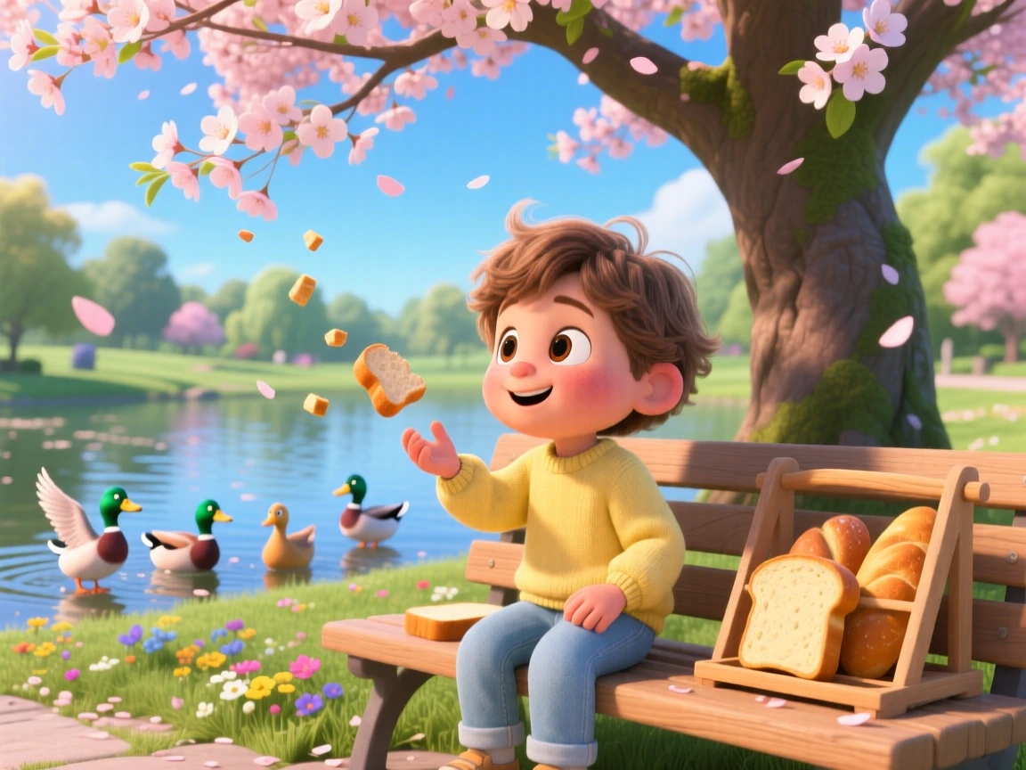 A child feeding ducks at a park pond is captured on a park bench beneath a blossoming tree, with fresh bread cooling on a nearby rack. A simple contentment radiates through the scene.