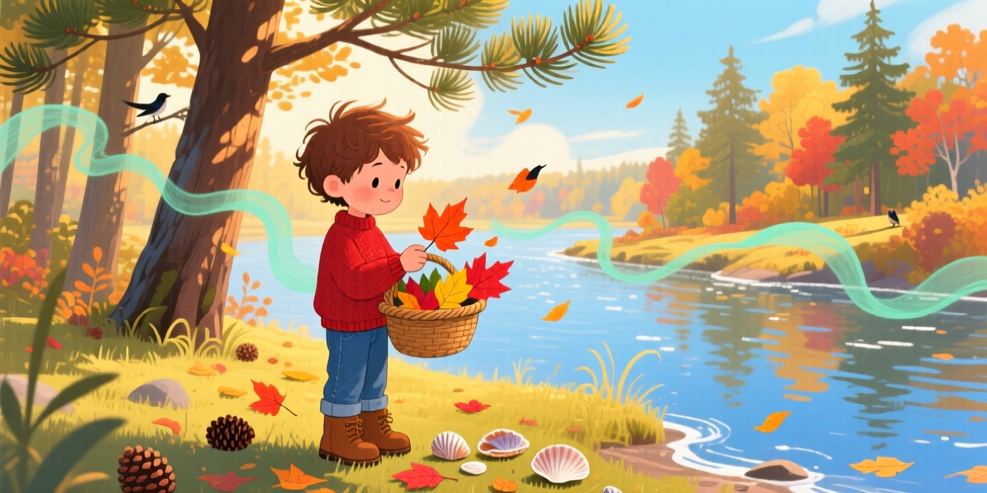 A boy collecting seashells pauses while collecting colorful leaves in autumn in a sunlit riverbank, with the scent of pine drifting on the wind.
