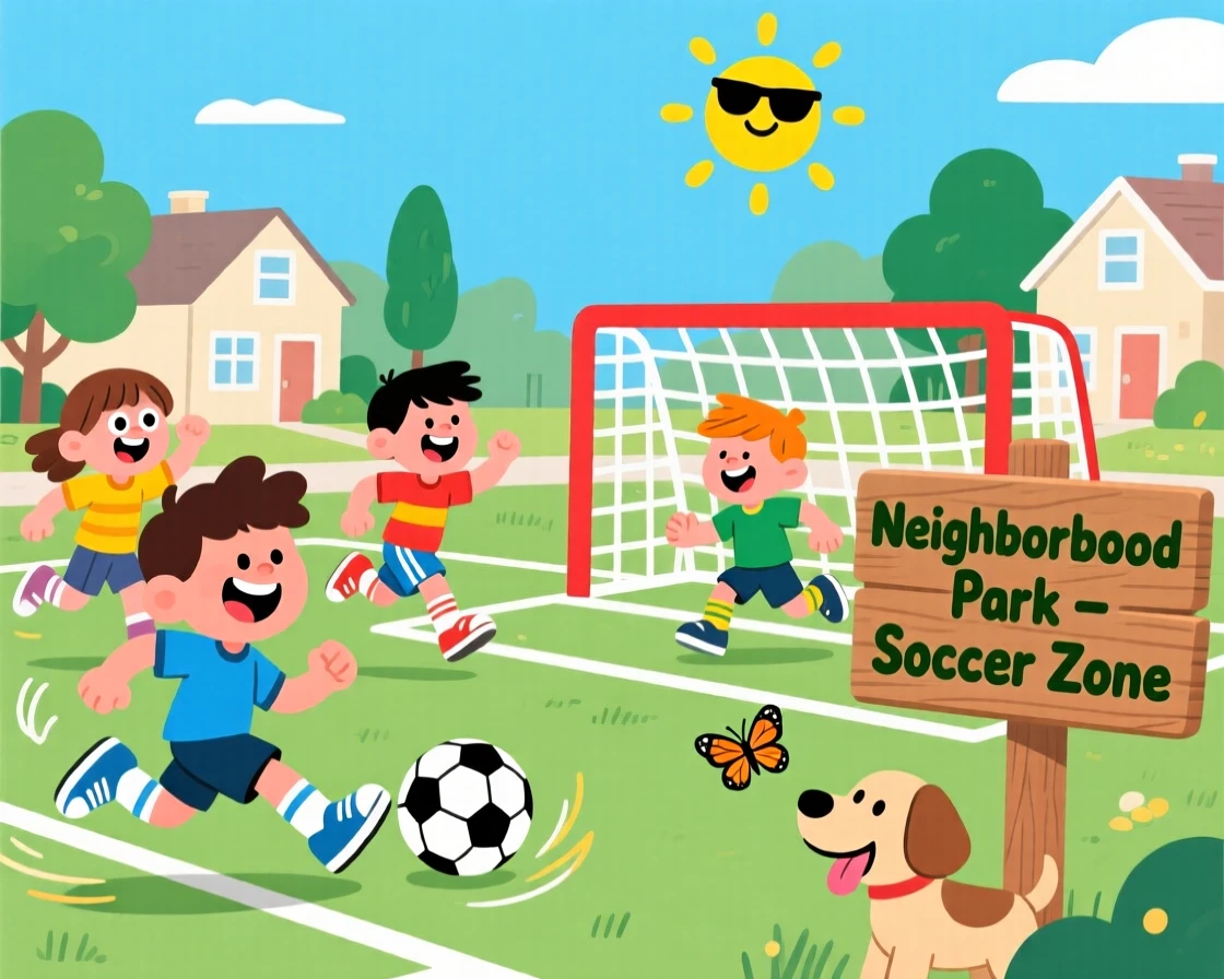 Kids playing a spirited game of soccer in a neighborhood park.