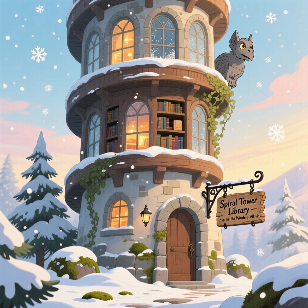 A charming view of a spiral tower library filled with tall arched windows, dusted lightly with fresh snow.