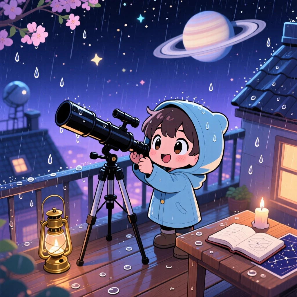 A young astronomer peering through a telescope at Saturn's rings in a rooftop observatory at night during a gentle spring rain shower; gentle candlelight washes over the scene as curious excitement fills the moment. High aerial view.