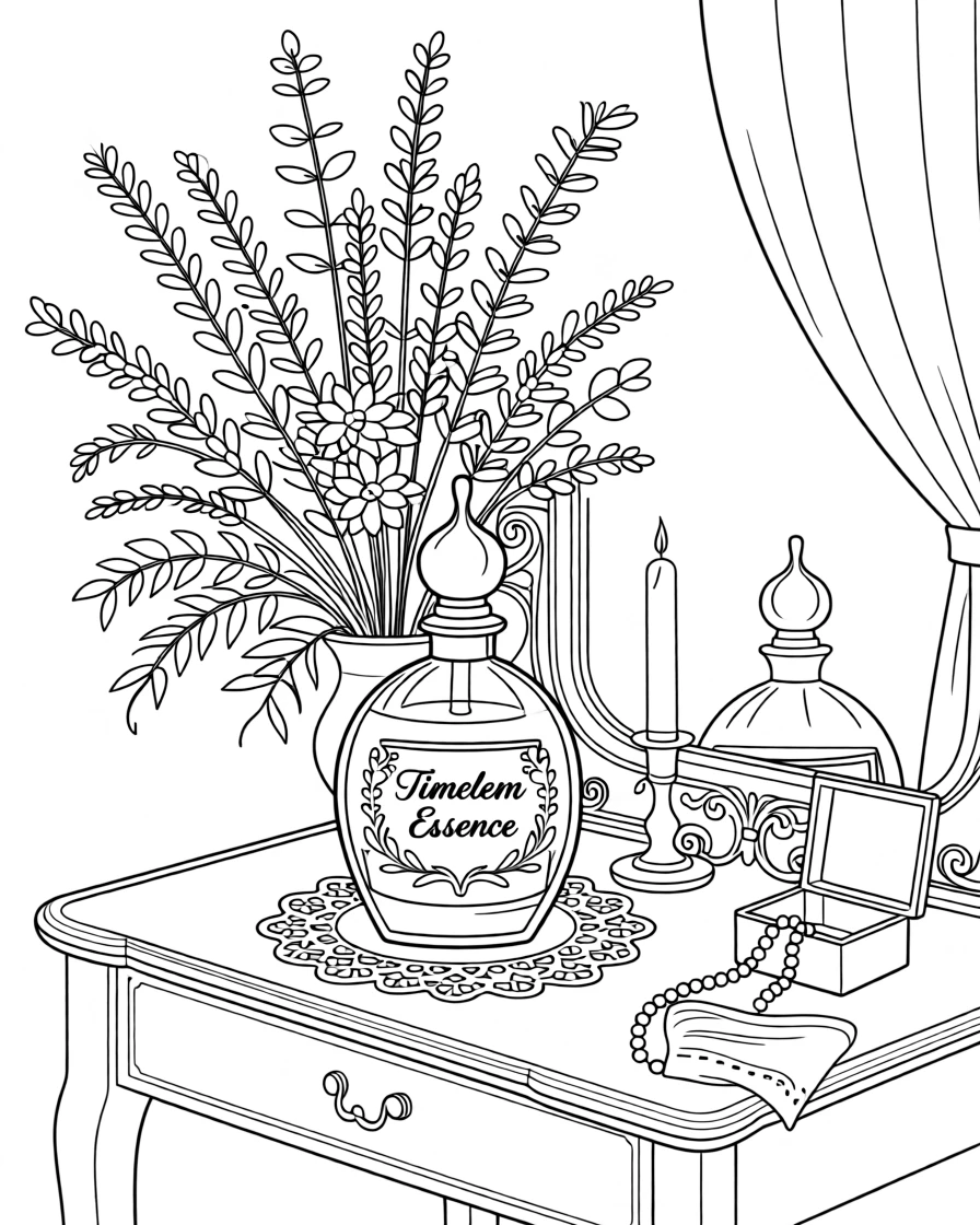 A perfume bottle surrounded by dried flowers, arranged neatly on a vanity with a mirror nearby.