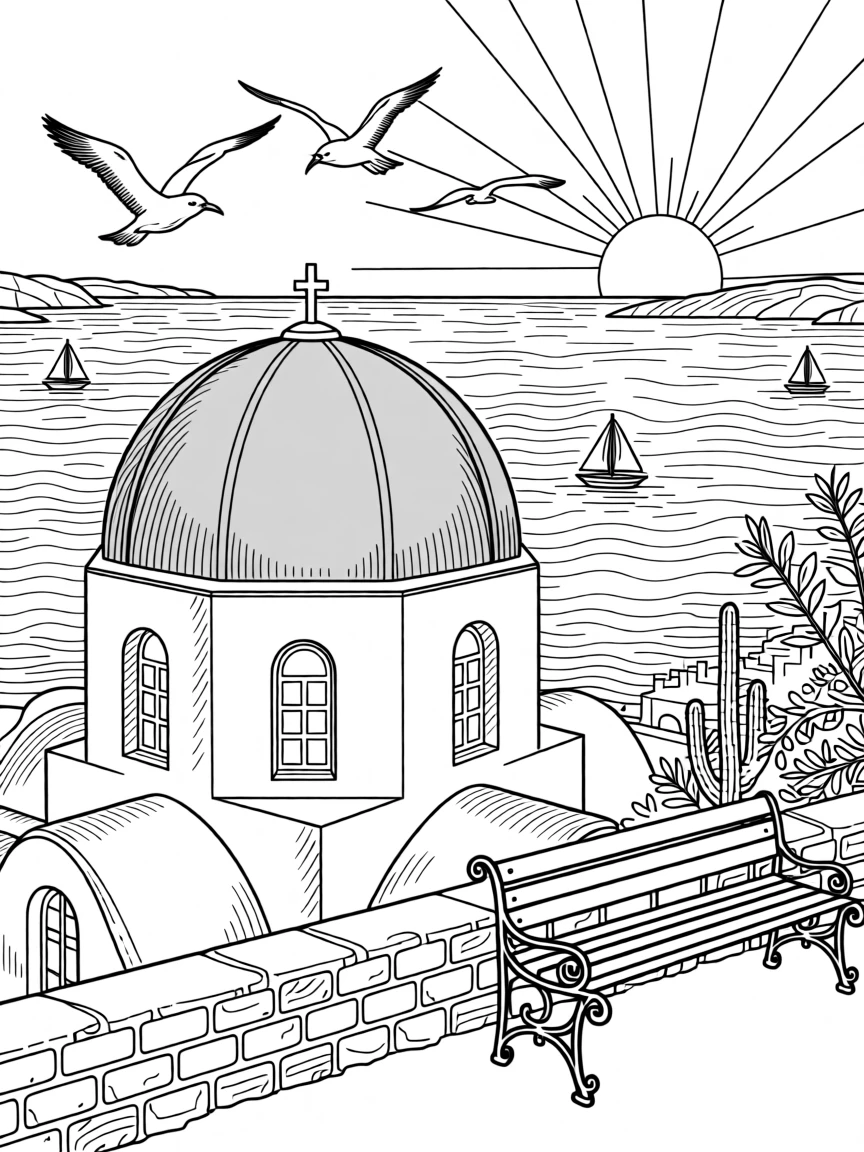 A Greek island chapel with a blue dome overlooking the Aegean Sea.
