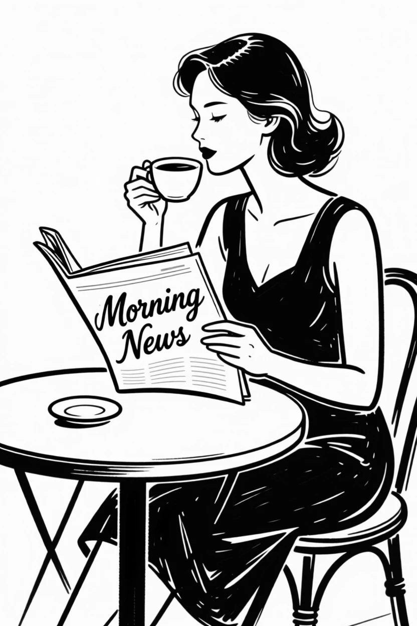 A woman sipping coffee while reading a newspaper at a small café table.