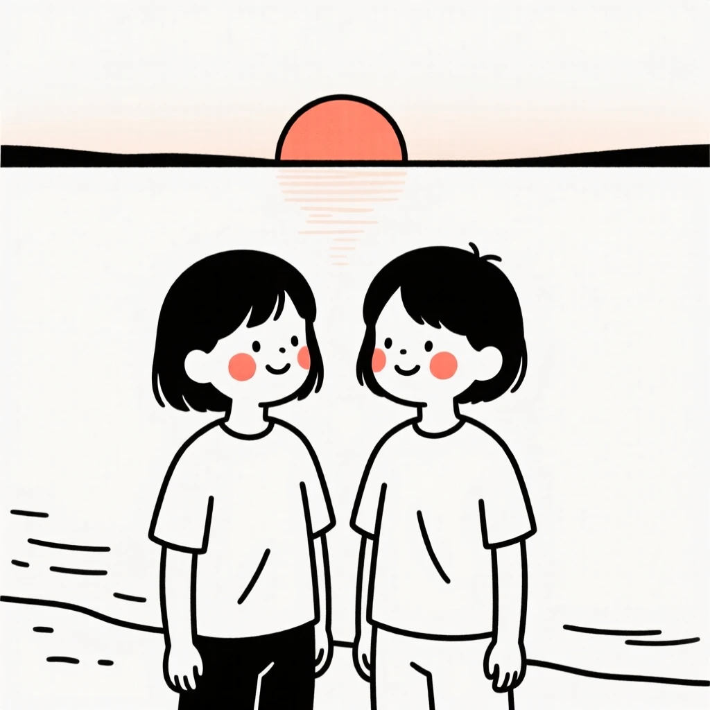 Close childhood friends, smiling shyly, beside a calm lake at sunrise.