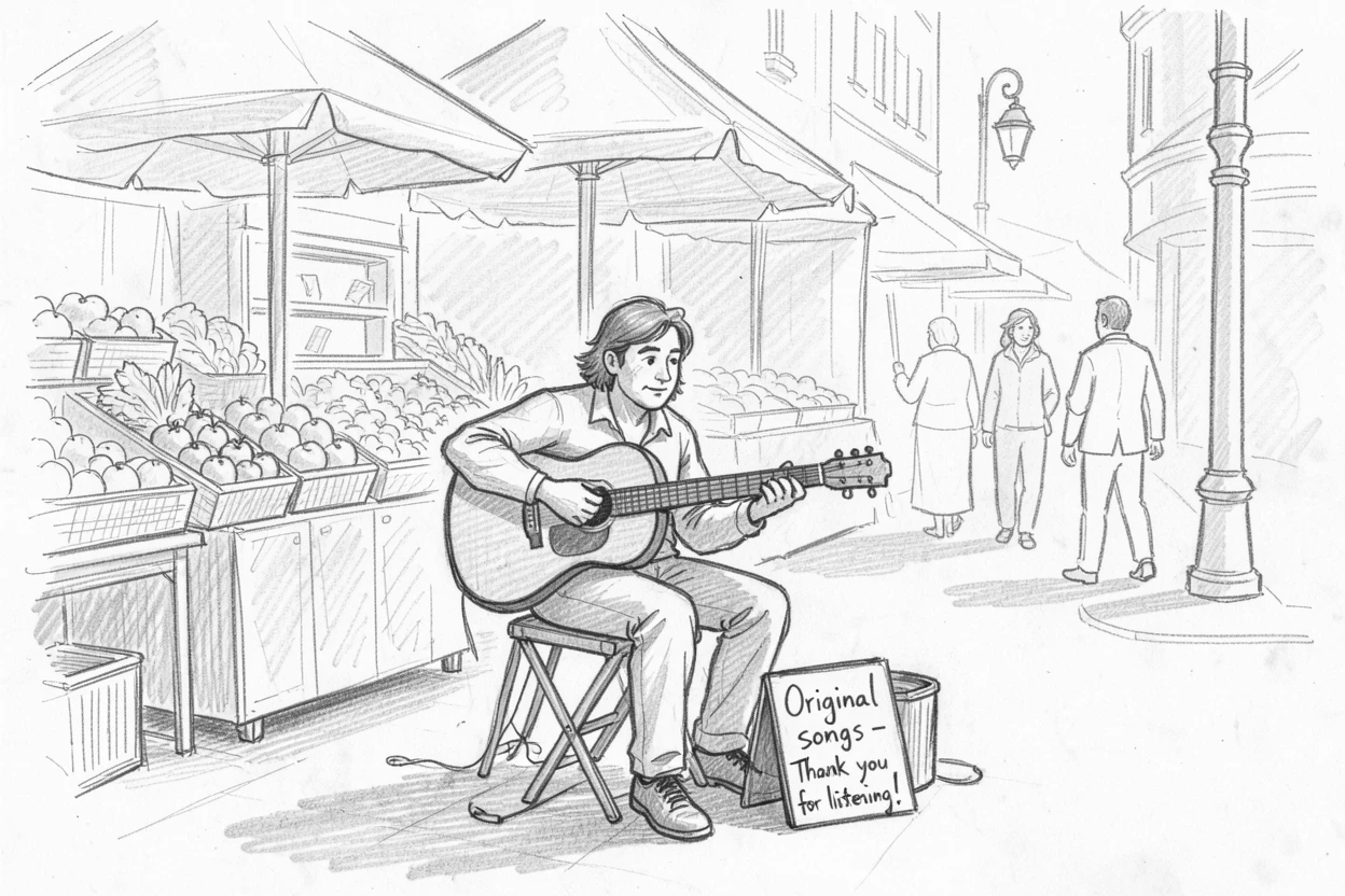 A candid slice-of-life scene of a musician busking on a city corner in a sunlit farmers market, with quiet everyday contentment.