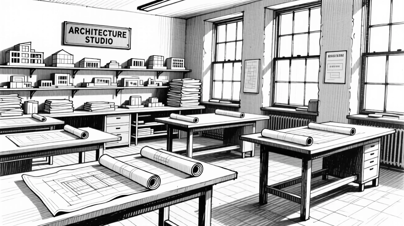 A modern architecture studio with drafting tables and rolled blueprints.