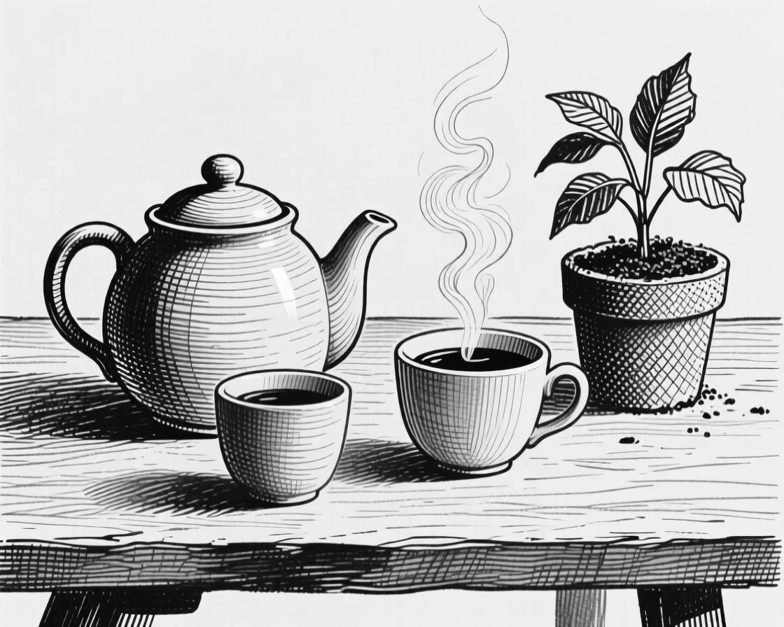 A ceramic teapot with a matching cup placed beside a steaming cup of coffee, with a small potted plant nearby, forming a cozy and intimate still-life study.