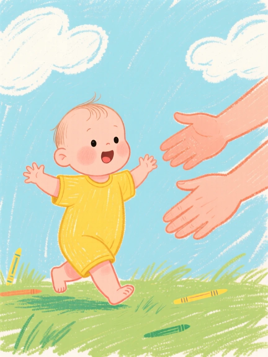 A toddler taking wobbly first steps toward outstretched arms.