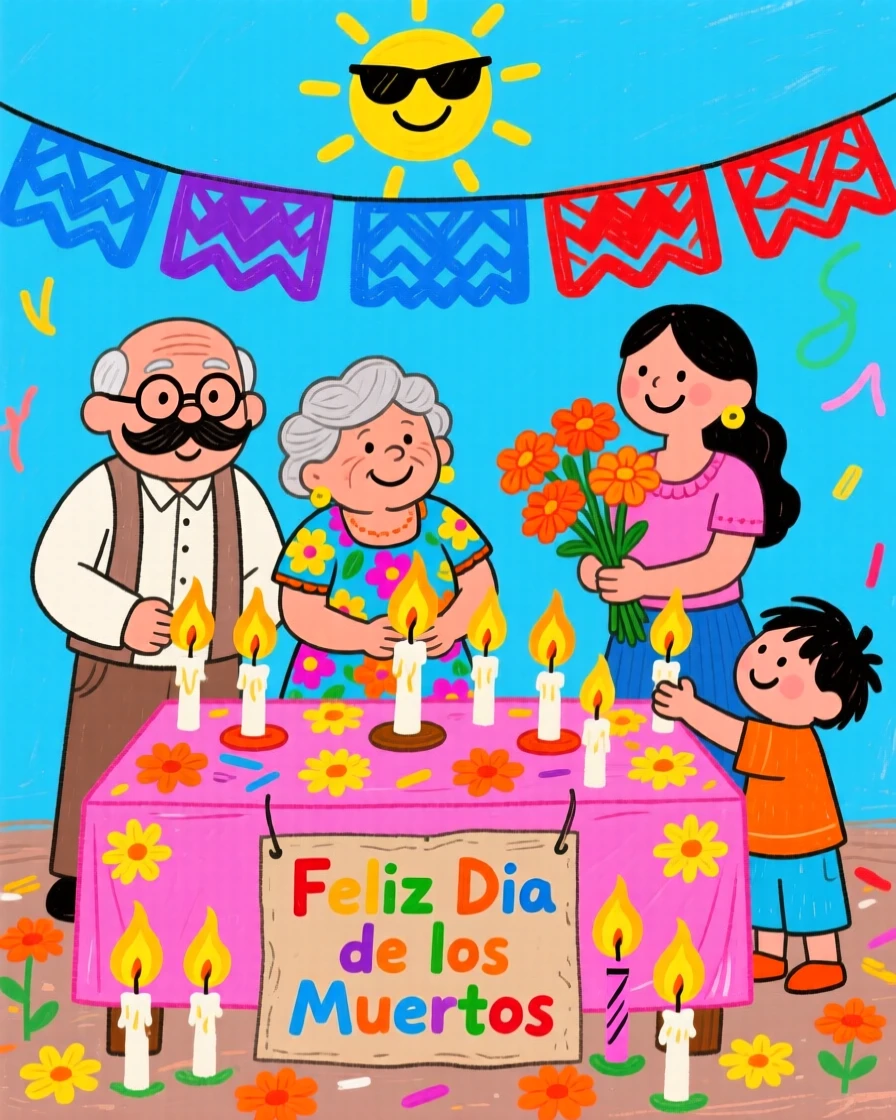 A Mexican family decorating an altar with marigolds and candles for a joyful remembrance celebration.